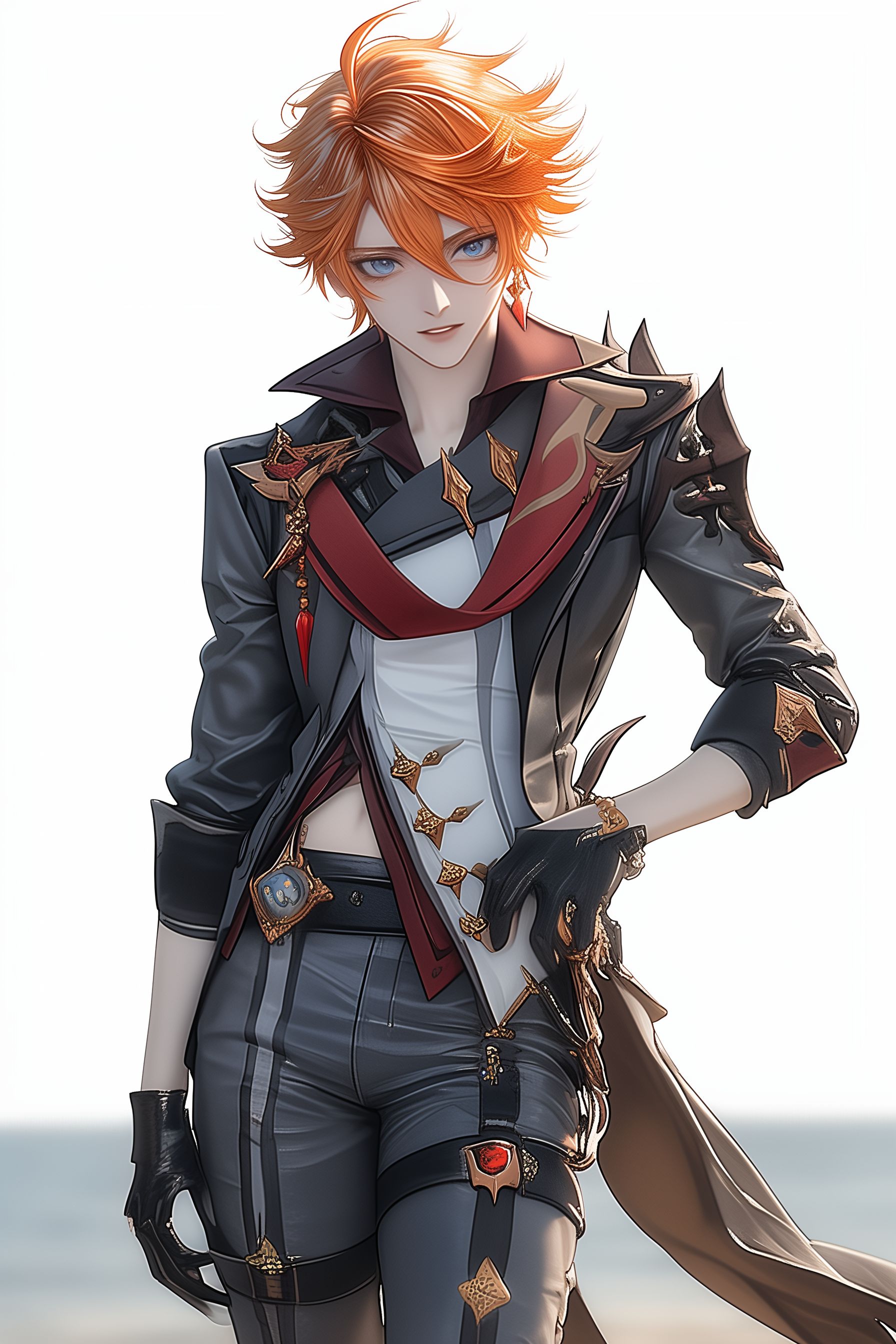 Prompt: Tartaglia from genshin impact, large ocean blue eyes, Short messy orange hair falling between his eyes, single red gem earing (right side), tall muscular skinny male, wearing a dark black trench coat open, tight leather pants and tight crimson red dress shirt, black leather harness, form fitting, open top button on shirt, Knee high black buckled boots, handsome, alluring, tempting eyes, kneeling at beach background --ar 9:16 --niji 6