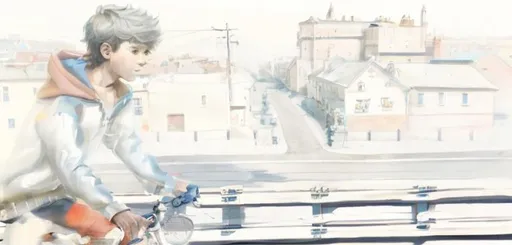 Prompt: highly detailed, boy riding bike on asphalt road, town in background, art, concept art, 