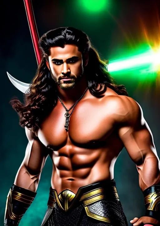 Prompt: High-resolution hyperrealistic photo of marvel's demigod {{hercules}} merged with thor, {{undercut mullet hair}}, holding mjolnir, green and red and black and gold revealing costume, uhd, hdr, 64k