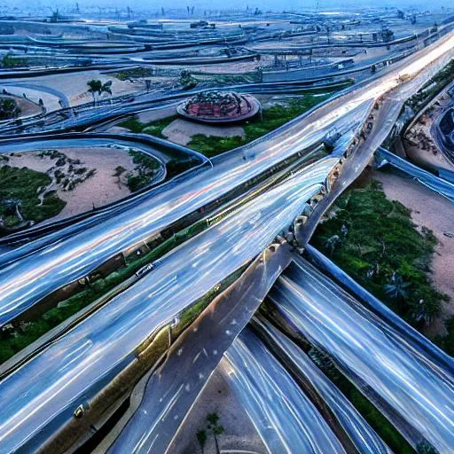 Prompt: an epic cinematic 8K HD movie shot of a Dubai inspired modernised African road surrounded by greenery