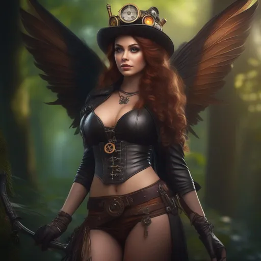 Prompt: Epic. 4k.  8k. Cinematic, Wide angle. Full body in shot. Hyper realistic painting. Concept art. matte painting. Detailed Illustration. photo realistic. A beautiful, buxom woman with broad hips. extremely colorful, bright eyes,  standing in a forest by a sleepy town. Shes a Steam Punk style witch, a Winged fairy, with a skimpy, very sheer, gossamer, flowing outfit. On a colorful, Halloween night. 
