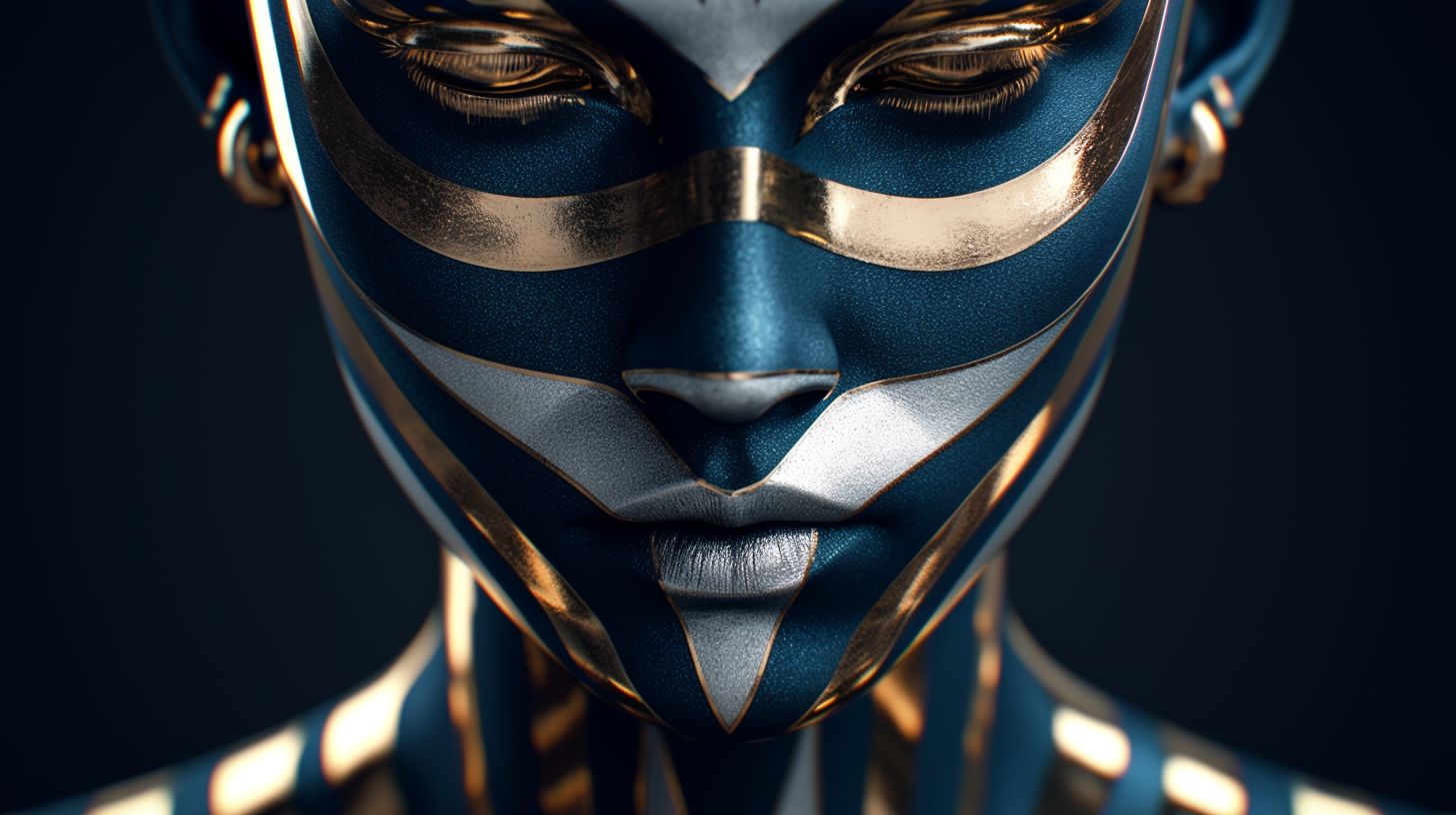 Prompt: Digital art of a face patterned with stripes, where the surface mirrors chrome reflections. The scene is enhanced by quantum wavetracing, offering a unique visual experience. The backdrop blends light bronze and dark blue, alluding to a multimedia installation with strong futurist influences. Certain features stand out with selective focus.