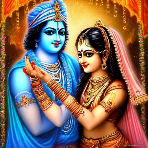 Prompt: full hd image of lord Krishna with romantic Radha universal night time