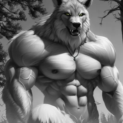Prompt: handsome, muscular ,7000000 foot tall lupine, furry , gray werewolf, anthropomorphic werewolf bodybuilder, wild,