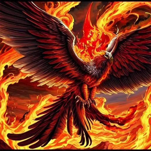 Prompt: Phoenix, giant bird, Angelic force, flames, magma, volcano, bleeding, blood, animalistic, demonic, draconic, ash