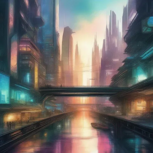 Prompt: futuristic cyberpunk city, highly detailed, water color