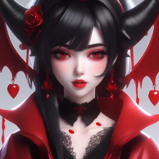 Prompt: 3d anime woman covered in blood demon black hair and red outfit and red plump lips and a sweet innocent look and beautiful pretty art 4k full HD