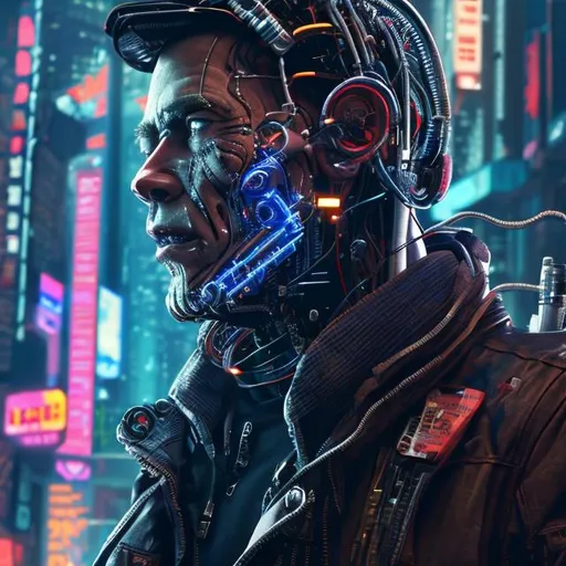Prompt: high detailed american middle aged male with robotic features cyberpunk, 8K HD