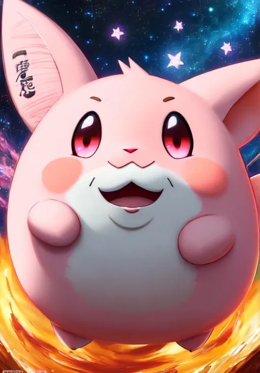 Prompt: UHD, , 8k,  oil painting, Anime,  Very detailed, zoomed out view of character, HD, High Quality, Anime, , Pokemon, Clefairy is a bipedal, pink Pokémon with a chubby, vaguely star-shaped body. A small, pointed tooth protrudes from the upper left corner of its mouth. It has wrinkles beside its black, oval eyes, a dark pink oval marking on each cheek, and large, pointed ears with brown tips. A tuft of fur curls over its forehead, much like its large, upward-curling tail. Each stocky arm has two small claws and a thumb on each hand and both feet have a single toenail. There is a pair of tiny, butterfly-shaped wings on its back. Though incapable of flight, Clefairy's wings can store moonlight and allow it to float.

Clefairy is very shy and rarely shows itself to humans. On the rare occasions it does come down from its mountain home, it can be seen dancing under the light of the full moon. The area surrounding their dance in enveloped in a magnetic field. Once the sun starts to rise, it returns home where it sleeps nestled with other Clefairy.
Pokémon by Frank Frazetta