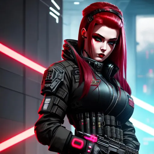 Prompt: A cyberpunk soldier woman with baddie vibes covered in tattoos, dark red hair, military black, shadow soldier, futuristic, neon, dystopia, cybernetic