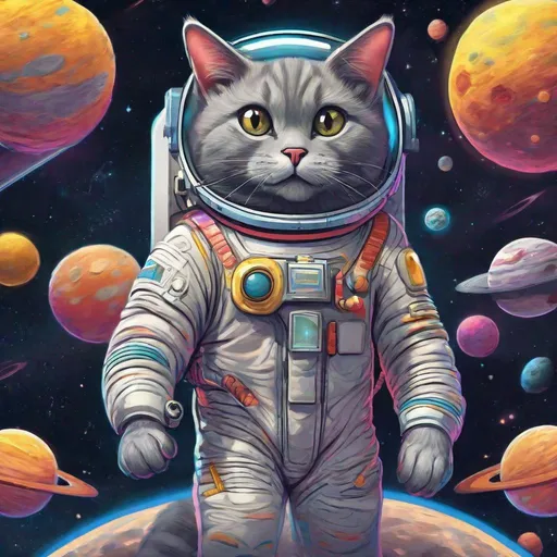 Prompt: Brilliantly colorful Stylized concept art of a gray cat in a space suit with the name "Ricky" sewn into it. Floating through space holding a stick of butter. Everything is perfectly to scale, HD, UHD, 8k Resolution, Vibrant Colorful Award winning 