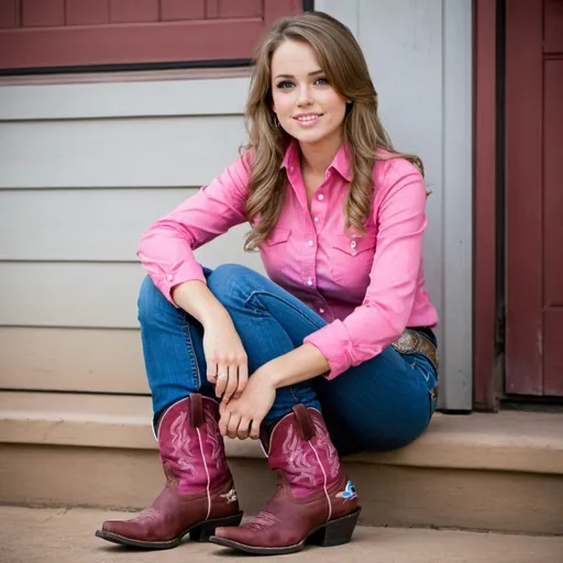 Prompt: A very beautiful English sitting. She is wearing a pink shirt, blue jeans and cowboy boots. Her boots are pink too.