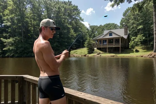 Prompt: Long shot, wide angle, 24mm lens, country guy with baseball cap fishing in his boxer briefs. It's a beautiful summer day at his lake house in the  northeastern United States. 