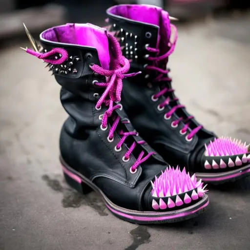 Prompt: a worn out black punk boot with spikes and a pink shoelace