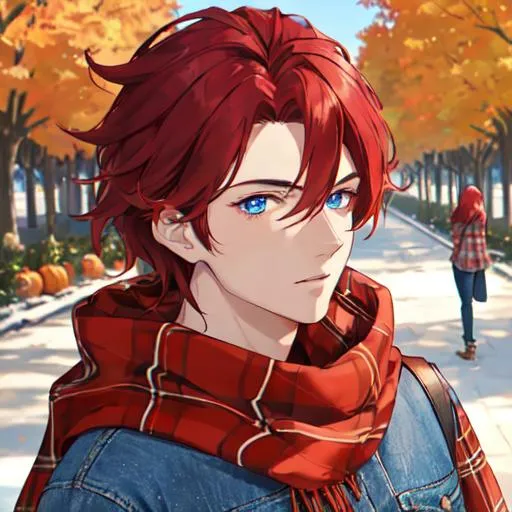 Prompt: Zerif 1male (Red side-swept hair covering his right eye, blue eyes), highly detailed face, wearing a cozy flannel shirt and a pair of stylish jeans. In the park, fall.  wearing a scarf, looking up at the sky, in a pumpkin patch, adult. Handsome,  detailed, UHD, HD, 4K, highly detailed, red haze, masculine, anime style