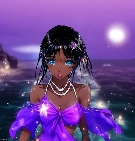 Prompt: Anime, Princess, Ebony Skin, Bikini, Beach, Water,  4k, HD, High Quality, Effect.