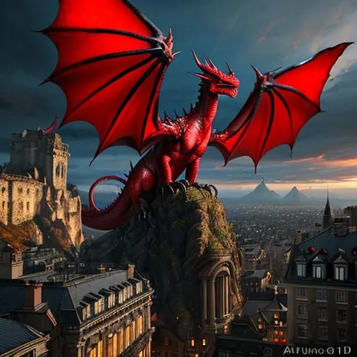 Prompt: ((A full-grown red dragon with wings perched on a crag above the rooftops of a city, trending by artstation)), photorealistic 64k resolution, HDR, epic, expansive, brilliant, stunning, hyperdetailedphotorealistic , ultra detailed, hyperrealistic, surreal, matte painting, unreal engine 5, UHD, first player sight

