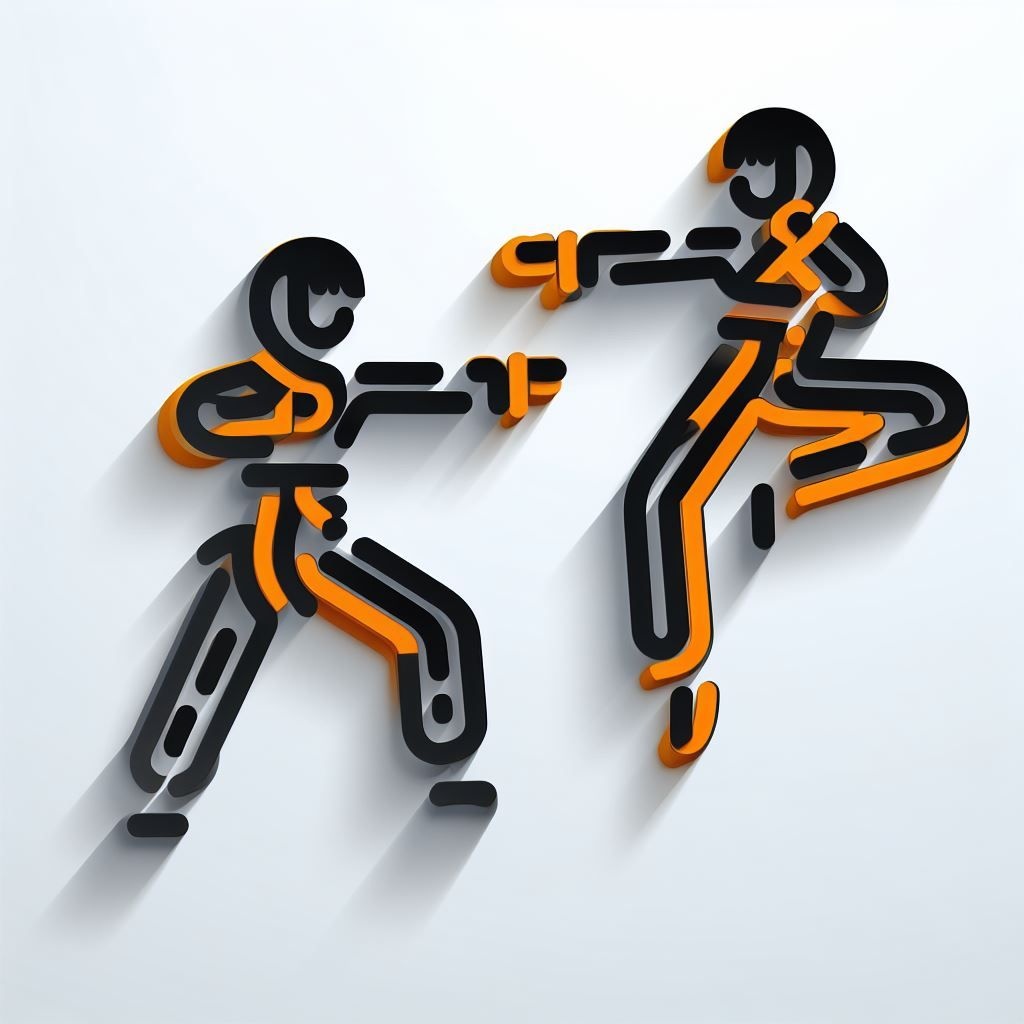 Prompt: kung-fu fighting in the style of intricate cut-outs, minimalist black and orange, 2d, slender, iconic, kawaii art, symmetrical, luminous shadowing, extreme depth of field