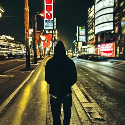 Prompt: Young Man in hoodie and jeans with hands in pocket walking towards a large neon urban city at night