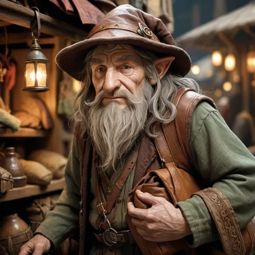 Prompt: Old hobbit merchant in hat holding leather sack in Warhammer Fantasy RPG style, detailed facial features, rich textures, cluttered market stall, intricate clothing patterns, high quality, fantasy, earthy tones, warm and cozy lighting