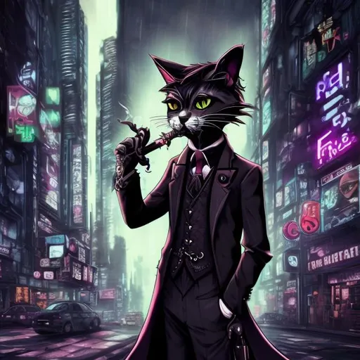 Prompt: A cat with a Gothic style, dressed as a dapper gentleman against a cyberpunk backdrop, is smoking.