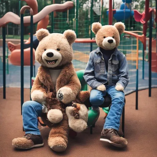 Prompt: realistic full body photo of smiling western boy sitting on playground with toy bear

