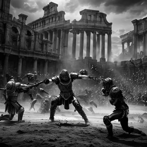 Prompt: monochrome, gladiator arena, fight, brutal, geiger, scifi