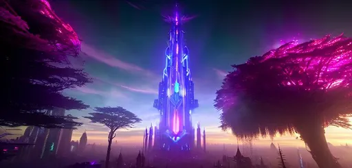 Prompt: Beautiful Sanctuary with an air of fantasy.

giant tree growing in futuristic city, sky is pinkish-blue, intricate, highly detailed,, 16k, UHD, HDR10, 16K, ((Masterpiece)) , Absurdres