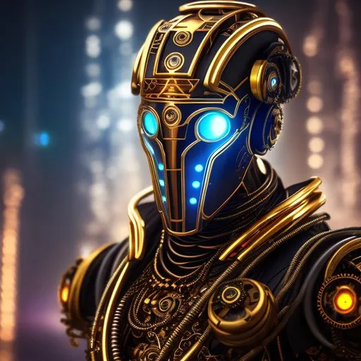 Prompt: Please produce a photograph of a steampunk robotic handsome African male android, with fantasy colors, flashy lights, in a dark background, high quality, trending art, trending on artstation, sharp focus, studio photo, intricate details, highly detailed, UHD, HDR, 8K, ((Masterpiece))