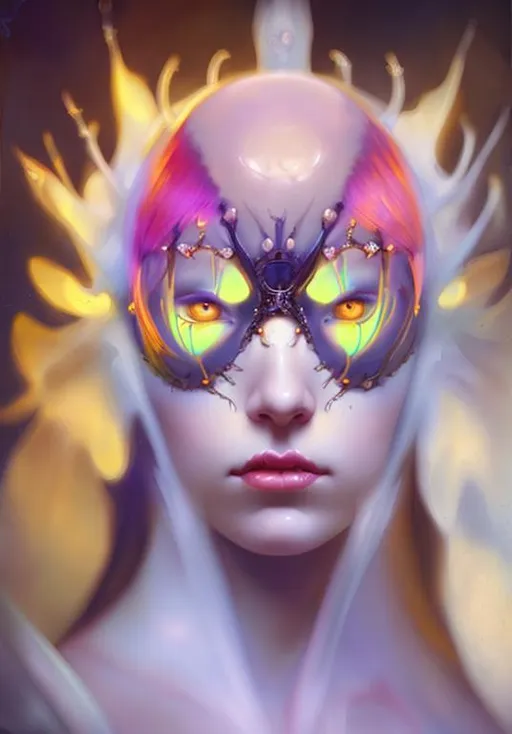 Prompt: A Roberto ferri, Anna dittmann, greg rutkowski, wlop, catrin welz-stein,   portrait  of female spider queen human hybrid. white glossy and bright metallic female beautiful human face with intricate details. Glowing iridescent eyes. Extremely detailed face. shadow effects. epic dark fantasy. realistic exposure. 