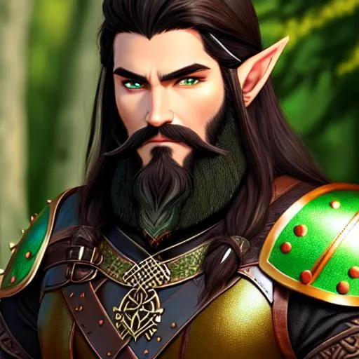 Prompt: A Elf wearing a brown and green viking/Ancient Persian style studded leather armor. black hair, black beard, green eyes.