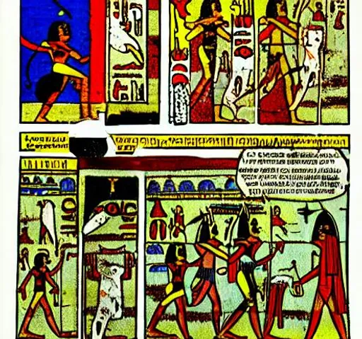 Prompt: Entire Comic book strip Egyptian children two boys laughing running fast chasing after kitty cat very detailed renaissance painting style ancient Egyptian set background chaos as they run through highly detailed chasing the kitty cat marvel comics  style 