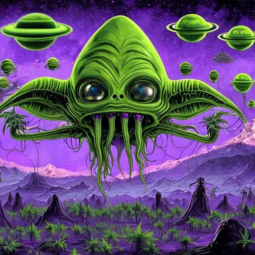 Prompt: Cannabis aliens taking over a purple planet high detail reality spaceships 