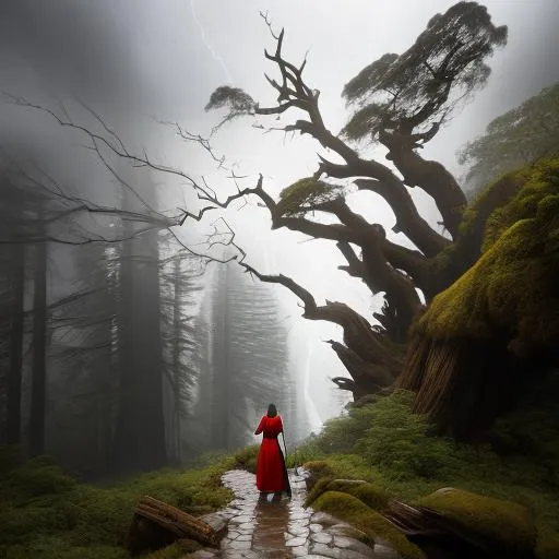 Prompt: landscape: ancient redwood Forest, style: Robert S. Duncanson painting, subject: sorceress walking down a rocky path, wearing dark robes; she's holding a wooden staff casting a spell, golden hour, foggy, long exposure, 24mm lens, a massive storm cell rages overhead, lightning, octane render, trending on artstation, deviantart.