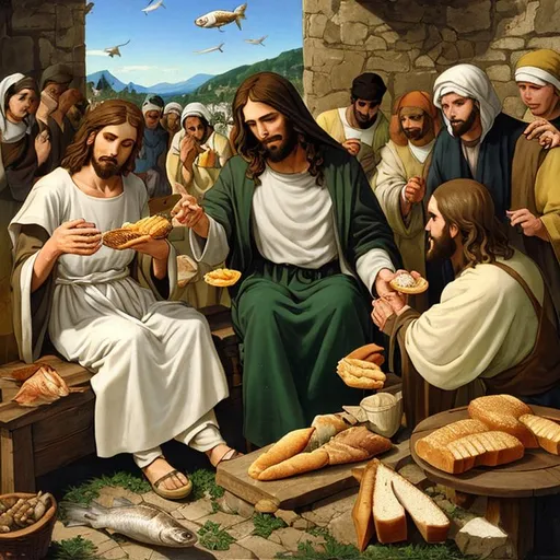 Prompt: Jesus feeds the poor with bread and fish