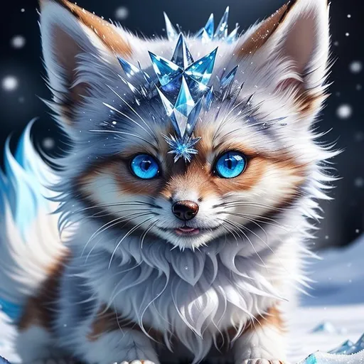 Prompt: (masterpiece, professional oil painting, epic digital art, best quality:1.5), insanely beautiful tiny silver ((fox kit)), (canine quadruped), ice elemental, silky silver-blue fur covered in frost, timid, ((insanely detailed alert crystal blue eyes, sharp focus eyes)), gorgeous 8k eyes, fluffy silver neck ruff covered in frost, two tails, (plump), fluffy chest, enchanted, magical, finely detailed fur, hyper detailed fur, (soft silky insanely detailed fur), presenting magical jewel, moonlight beaming through clouds, lying in frosted meadow, grassy field covered in frost, cool colors, professional, symmetric, golden ratio, unreal engine, depth, volumetric lighting, rich oil medium, (brilliant auroras), (ice storm), full body focus, beautifully detailed background, cinematic, 64K, UHD, intricate detail, high quality, high detail, masterpiece, intricate facial detail, high quality, detailed face, intricate quality, intricate eye detail, highly detailed, high resolution scan, intricate detailed, highly detailed face, very detailed, high resolution