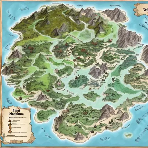 Prompt: Map for dnd world building with mountains, forests, rivers, and lakes