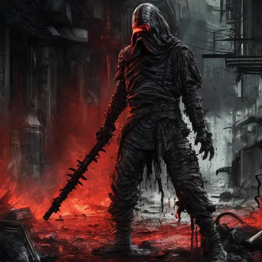 Prompt: Redesigned Gritty dark camouflage. Intense futuristic military commando-trained villain Todd McFarlane's kylo ren Spawn Bloody. Hurt. Damaged mask. Accurate. realistic. evil eyes. Slow exposure. Detailed. Dirty. Dark and gritty. Post-apocalyptic Neo Tokyo with fire and smoke .Futuristic. Shadows. Sinister. Armed. Fanatic. Intense. 