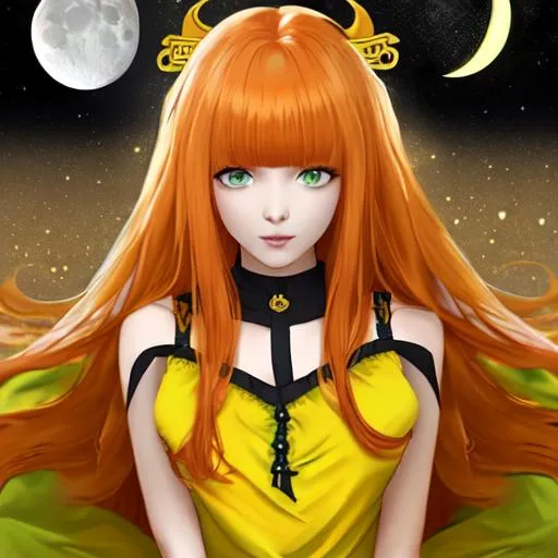 Prompt: Woman with long ginger-hair bangs green-eyes wearing  yellow dress Torii gate moon