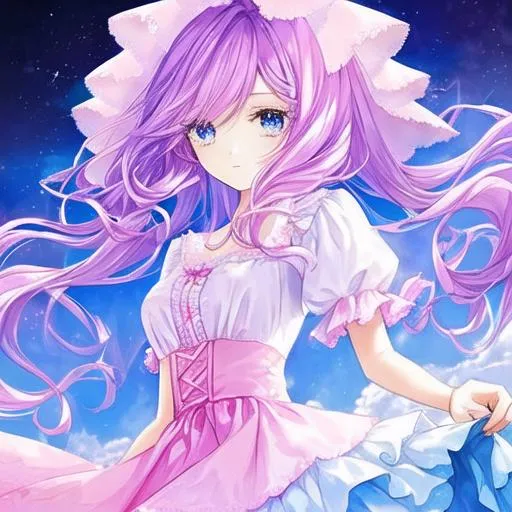 Prompt: A beautiful girl like Cotton candy, she is human but her dress and hair look like cotton candy  . big everything. Siting on a pink cloud . There is blue and pink clouds floating around her, she is 38 and is wearing a fluffy ruffly skirt her shirt is like a nightgown. It is day time. Her hair is curly and medium it is blue and pink. She wears a hair pin that is a cute. She is cute . 