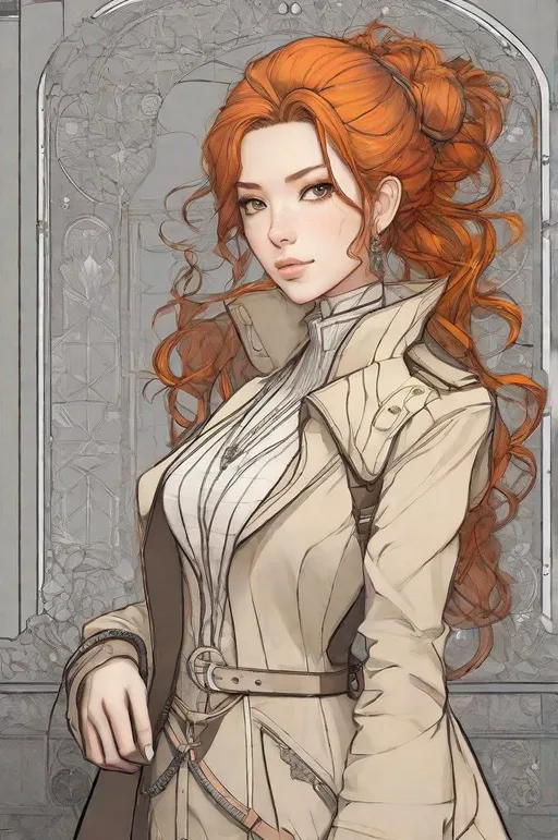 Prompt: Line drawing, concept art, anime, medieval fantasy, trench coat, genasi, ginger, flame hair, steampunk, victorian, sci-fi, very detailed character, 