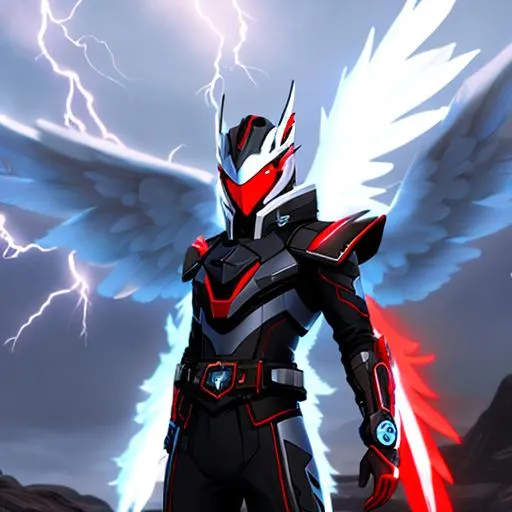 Prompt: a male protogen fursona, well drawn, masterfully drawn, 4k, HD, thunderbird with lightning wings on his back, future, red