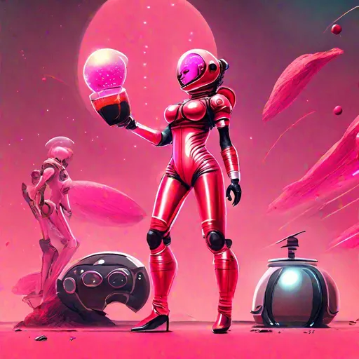 Prompt: human wearing red spacesuit with black combat boots and gloves, feminine humanoid robot  wearing a retro-futuristic pink bikini spacesuit with black stiletto heeled boots and fishbowl helmet in sci-fi battle stance  