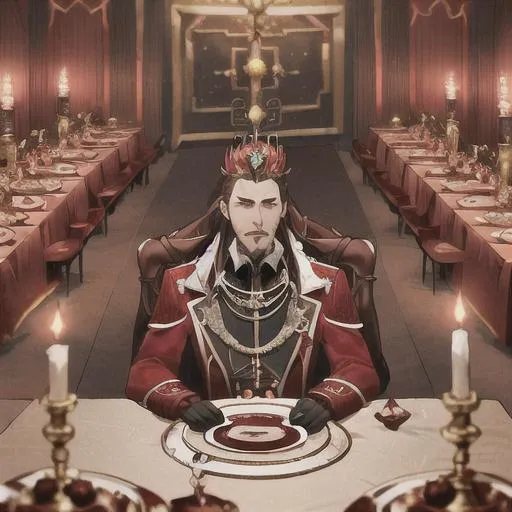 Prompt: king in a red coat, mink fur lined, pointy bejeweled crown, brown hair, goatee, medals on shirt, black cloths, sitting at the far end of a long table that has a red cloth running down the middle with candles and food, plates and silverware line the sides in front of chairs, with nobles sitting and conversing, at the long table, professional