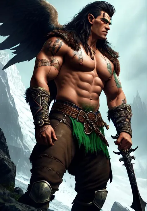 Prompt: UHD, , 8k, high quality, poster art, (( Aleksi Briclot art style)), hyper realism, Very detailed, full body view of a young aged mythical half orc whom is a muscular barbarian, shirtless, scars on skin, green skin holding battle axe on shoulder in a captain morgan pose. mythical, ultra high resolution, light and shading in 8k, ultra defined. 