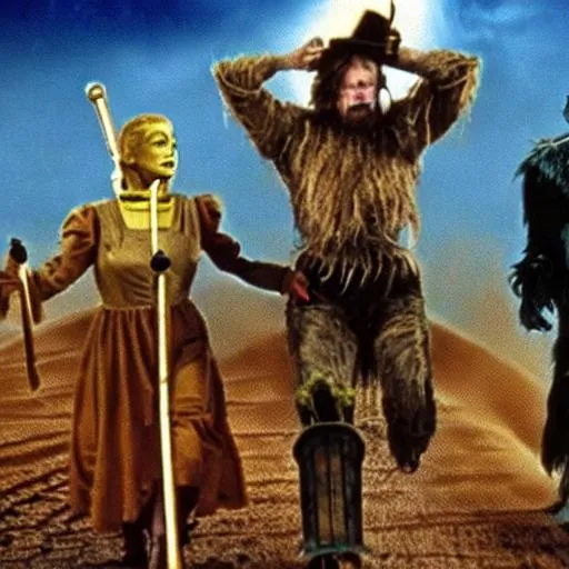 Prompt: wizard of oz wheelers mad max fury road Zardoz thunderdome 