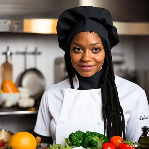 Prompt: A 32 years old black female cook covering her head with a chef cap