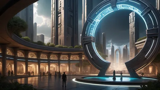 Prompt: magical portal between cities realms worlds kingdoms, circular portal, ring standing on edge, upright ring, freestanding ring, hieroglyphs on ring, complete ring, ancient babylonian architecture, gardens, large wide-open city plaza, turned sideways view, futuristic cyberpunk tech-noir setting