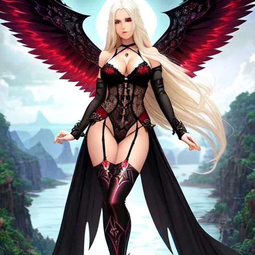 Prompt: (((full body view))) of a beautiful female aasimar, blonde, muscular body, black and red lace lingerie, (((barely clothed))), white long hair, Succubus, long symmetrical wings made of pure light. 

A tall ancient iridescent stone spire looming over the middle dense lush jungle with is river that runs through the center. 

D&D, fantasy, intricate, elegant, highly detailed, digital painting, artstation, concept art, smooth, sharp focus, illustration, white eyes with a blue outline, olive skin, cleric