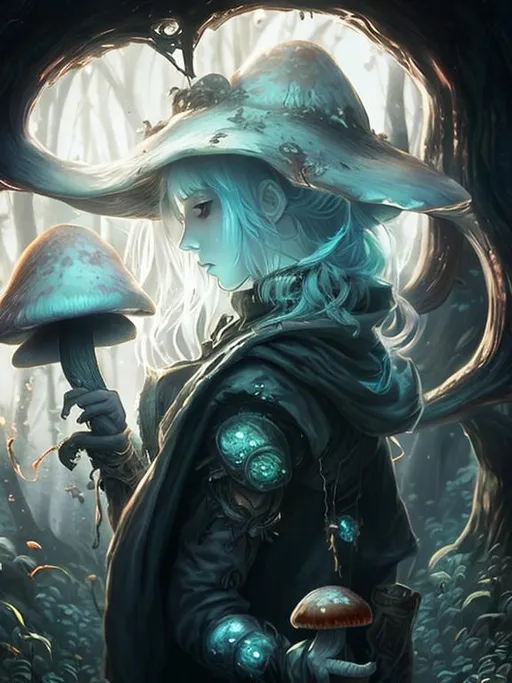 Prompt: Mysterious adventurer female mage of mushroom spores, detailed character portrait, dark fantasy vibe, creative dnd character ideas, lots of mushroom glow, grim dark, artstation 4k, crazyness, clean girl, dramatic light, anime style